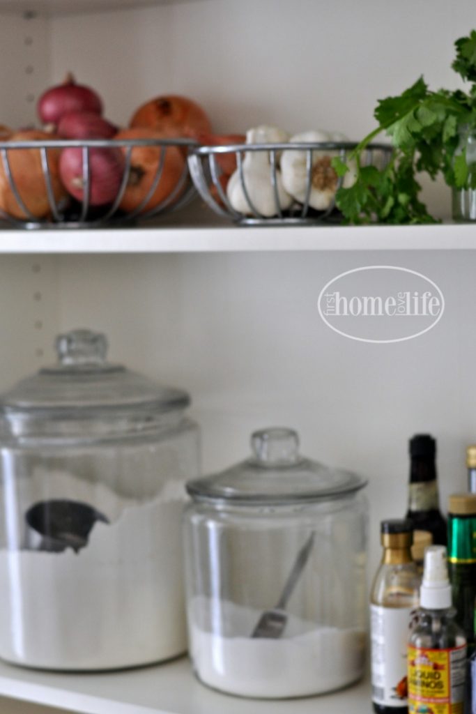 Simple kitchen storage solution| open pantry organization using IKEA Billy bookshelves via firsthomelovelife.com