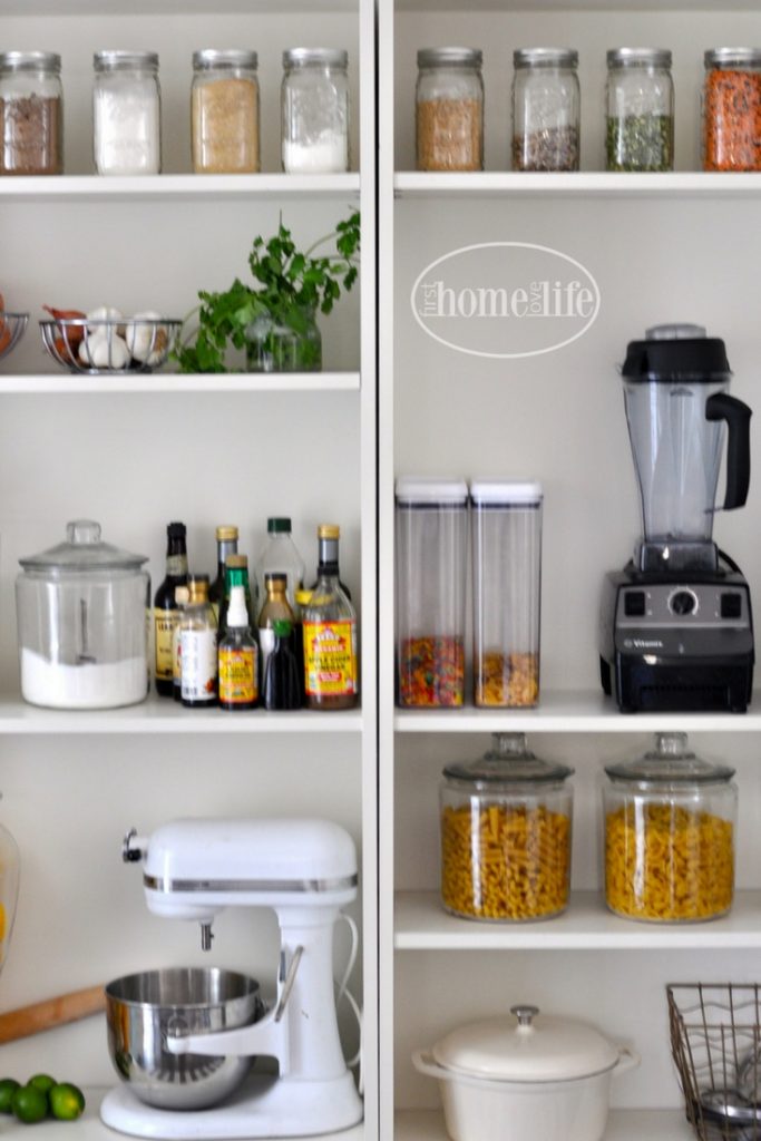 Simple kitchen storage solution| open pantry organization using IKEA Billy bookshelves via firsthomelovelife.com