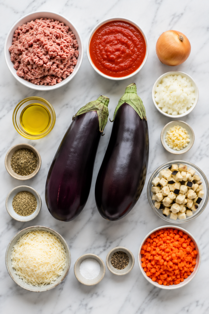 Flat lay of ingredients for stuffed eggplant parmesan boats including eggplant, ground turkey, tomato sauce, onion, garlic, carrots, Parmesan cheese, olive oil, and Italian seasonings on a marble countertop.