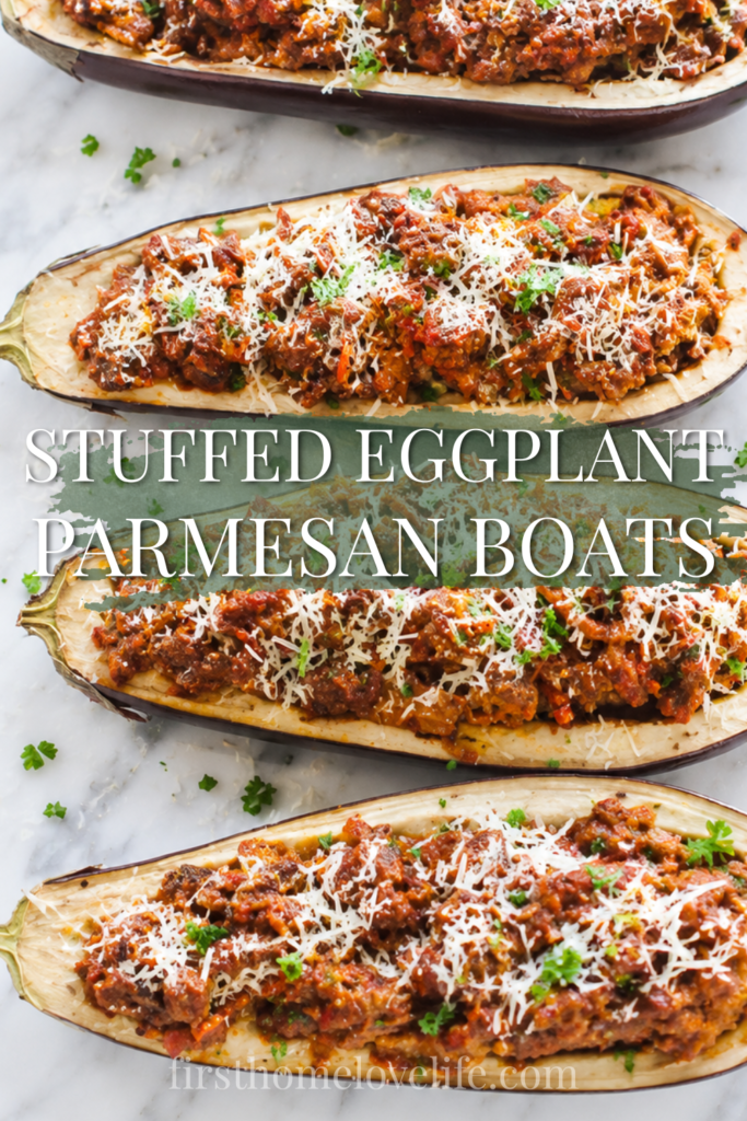 These Stuffed Eggplant Parmesan Boats are loaded with hearty Italian meat sauce, Parmesan cheese, and baked eggplant for an easy low-carb dinner.