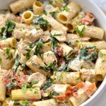 Creamy Dijon Chicken Pasta with Sun Dried Tomatoes and Spinach recipe via firsthomelovelife.com