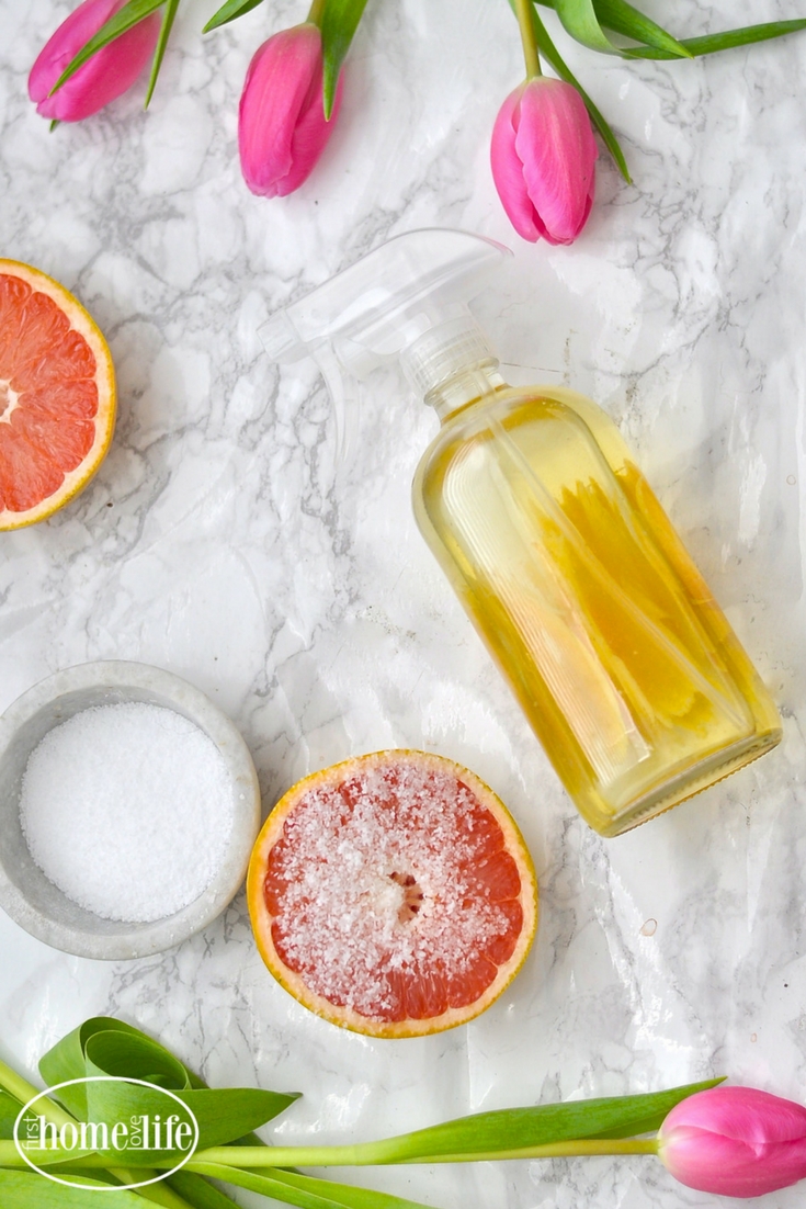 This homemade grapefruit all purpose cleaner not only smells fantastic but is great at cutting through soap scum, grease and anything else you can imagine! via firsthomelovelife.com