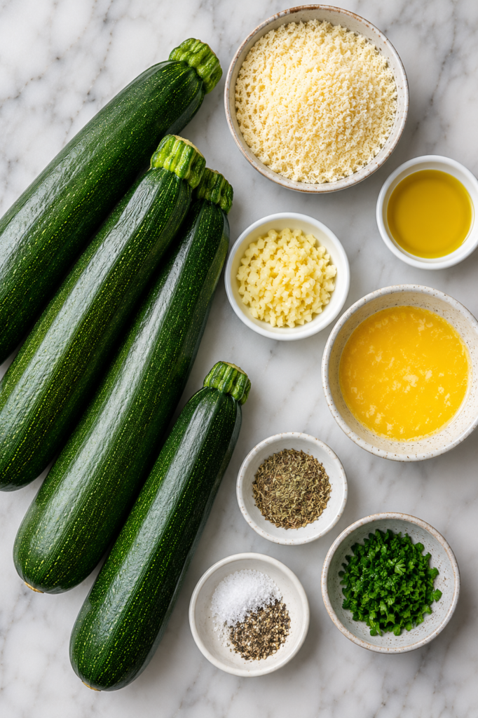 Flat lay of ingredients for garlic Parmesan hasselback zucchini including fresh zucchini, Parmesan cheese, garlic, butter, olive oil, parsley, Italian seasoning, salt, and pepper on a marble countertop.