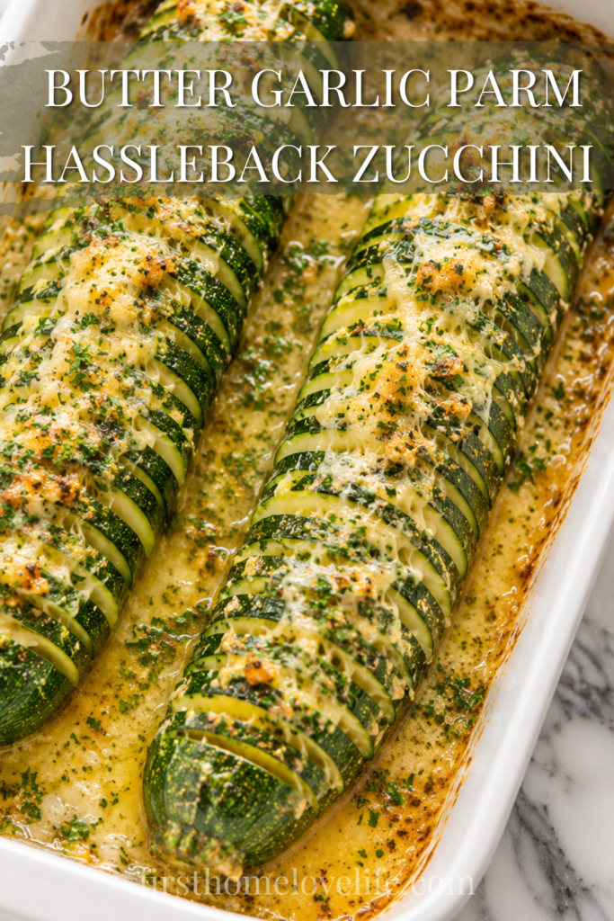 Insanely Good Garlic Parmesan Hasselback Zucchini baked in garlic butter sauce and topped with melted Parmesan cheese in a white baking dish.