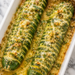 Garlic Parmesan hasselback zucchini baked in a white casserole dish with garlic butter sauce and melted Parmesan cheese.