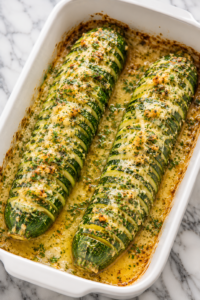 Garlic Parmesan hasselback zucchini baked in a white casserole dish with garlic butter sauce and melted Parmesan cheese.