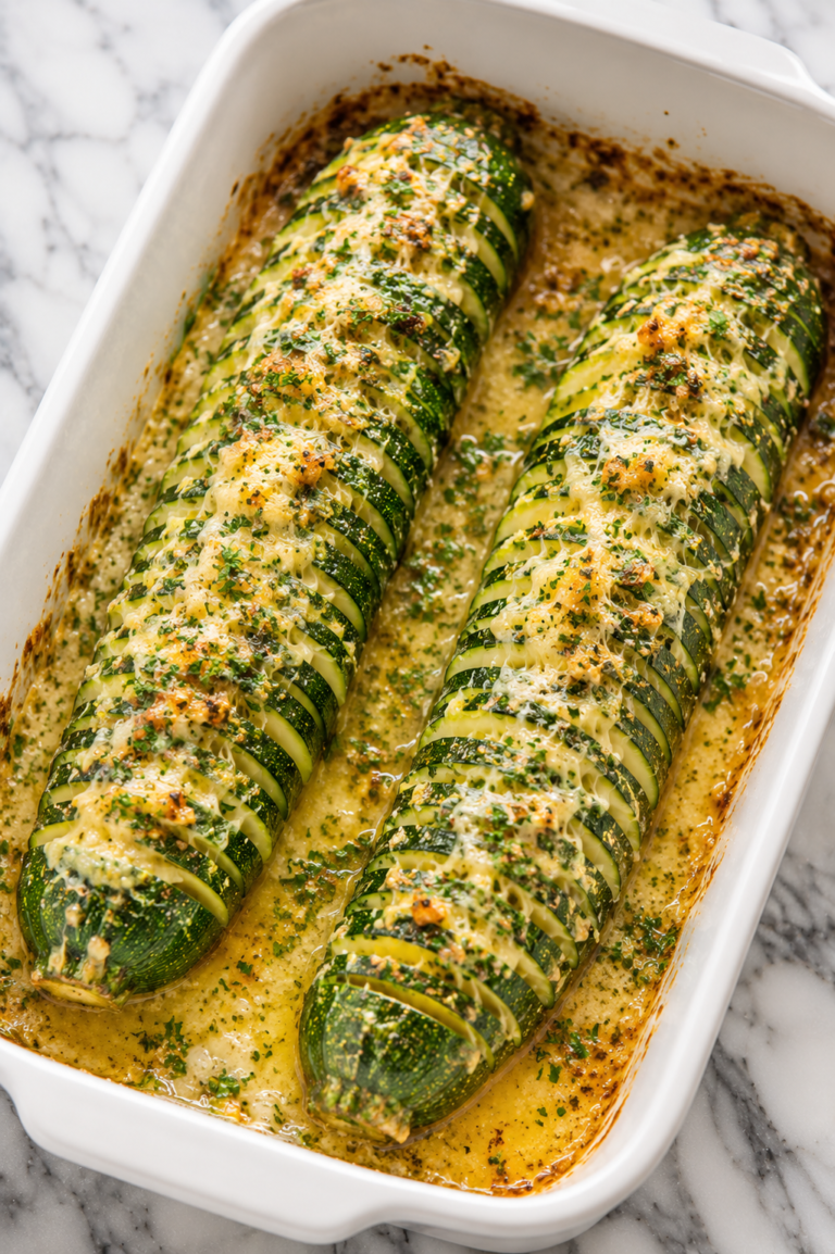 Garlic Parmesan hasselback zucchini baked in a white casserole dish with garlic butter sauce and melted Parmesan cheese.