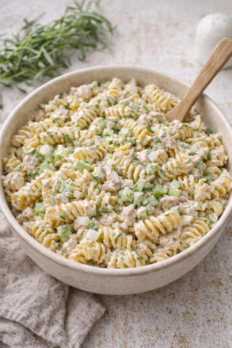 Creamy tarragon tuna pasta salad in a neutral ceramic bowl topped with fresh tarragon and a wooden spoon.