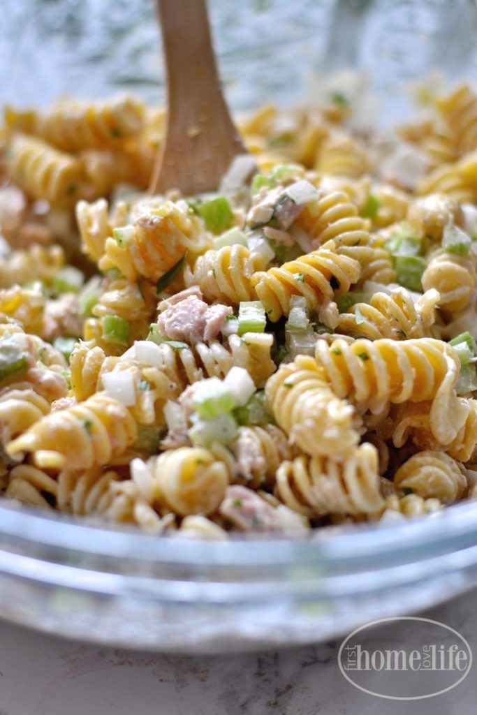 sweet and savory tarragon tuna pasta salad via firsthomelovelife.com