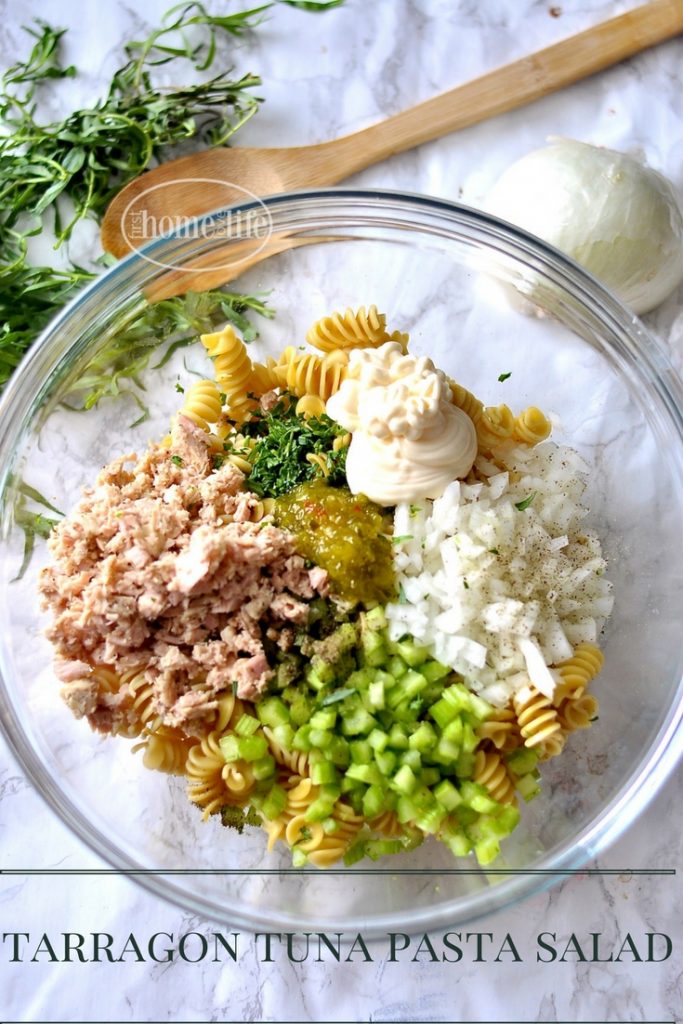 sweet and savory tarragon tuna pasta salad via firsthomelovelife.com