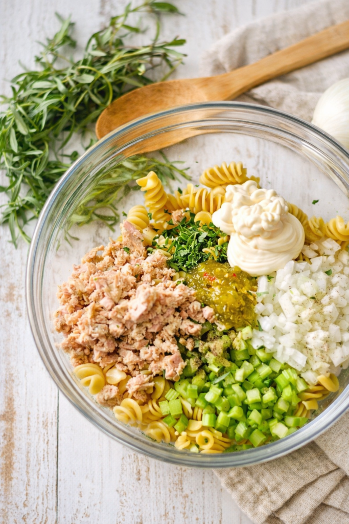 Glass bowl filled with rotini pasta, tuna, celery, onion, mayonnaise, relish, and fresh tarragon for homemade tarragon tuna pasta salad.