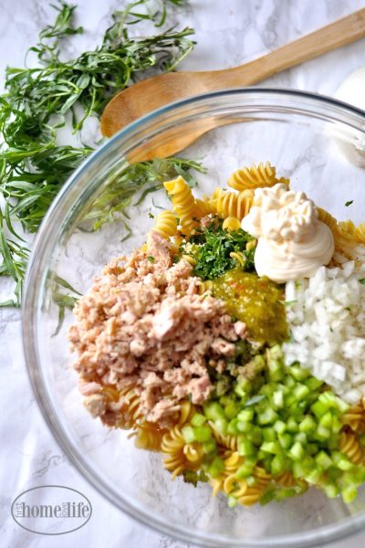 sweet and savory tarragon tuna pasta salad via firsthomelovelife.com