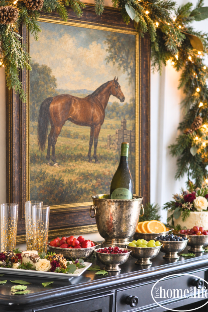 Christmas bubbly bar on a black buffet with antique silver fruit bowls, sparkling wine, champagne flutes, and horse artwork framed by lighted garland.