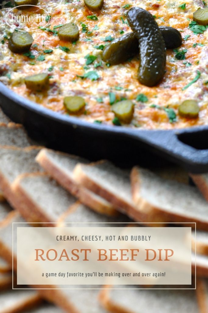 This game day favorite appetizer is the perfect party starter! Get the recipe for this Hot Roast Beef Dip served with rye bread toasts- yum! via firsthomelovelife.com