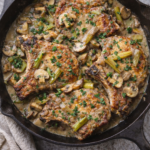 One-pan pork chops smothered in creamy mushroom and onion gravy cooked in a cast iron skillet