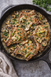 One-pan pork chops smothered in creamy mushroom and onion gravy cooked in a cast iron skillet