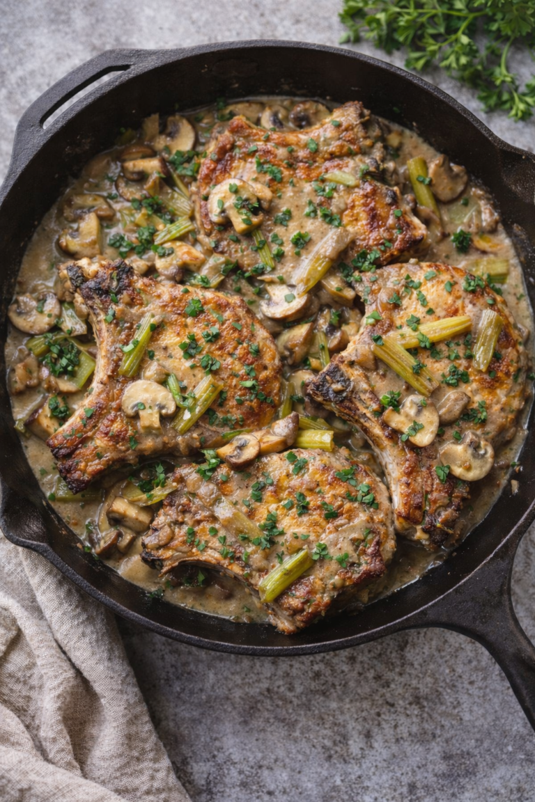 One-pan pork chops smothered in creamy mushroom and onion gravy cooked in a cast iron skillet