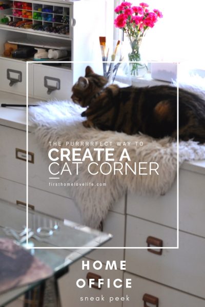 home office sneak peek with cozy cat corner | cat window perch ideas via firsthomelovelife.com