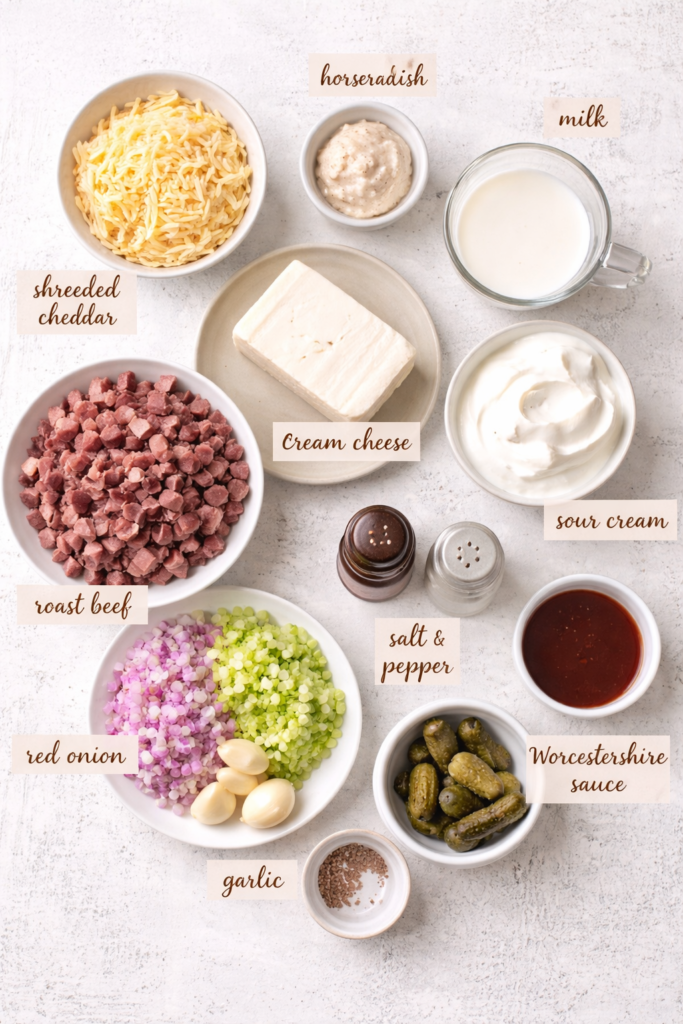 Flat lay of ingredients for hot roast beef dip including chopped roast beef, cream cheese, sour cream, shredded cheddar, horseradish, garlic, onion, celery, and Worcestershire sauce on a light background.