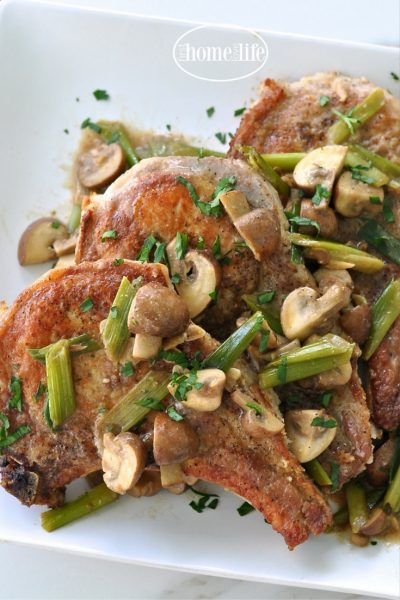 pork chops with mushroom and onion gravy via firsthomelovelife.com