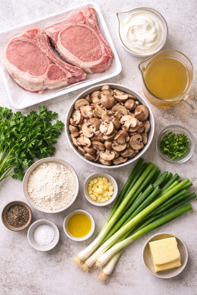 Flat lay of ingredients for pork chops with mushroom and onion gravy including pork chops, mushrooms, scallions, broth, and sour cream