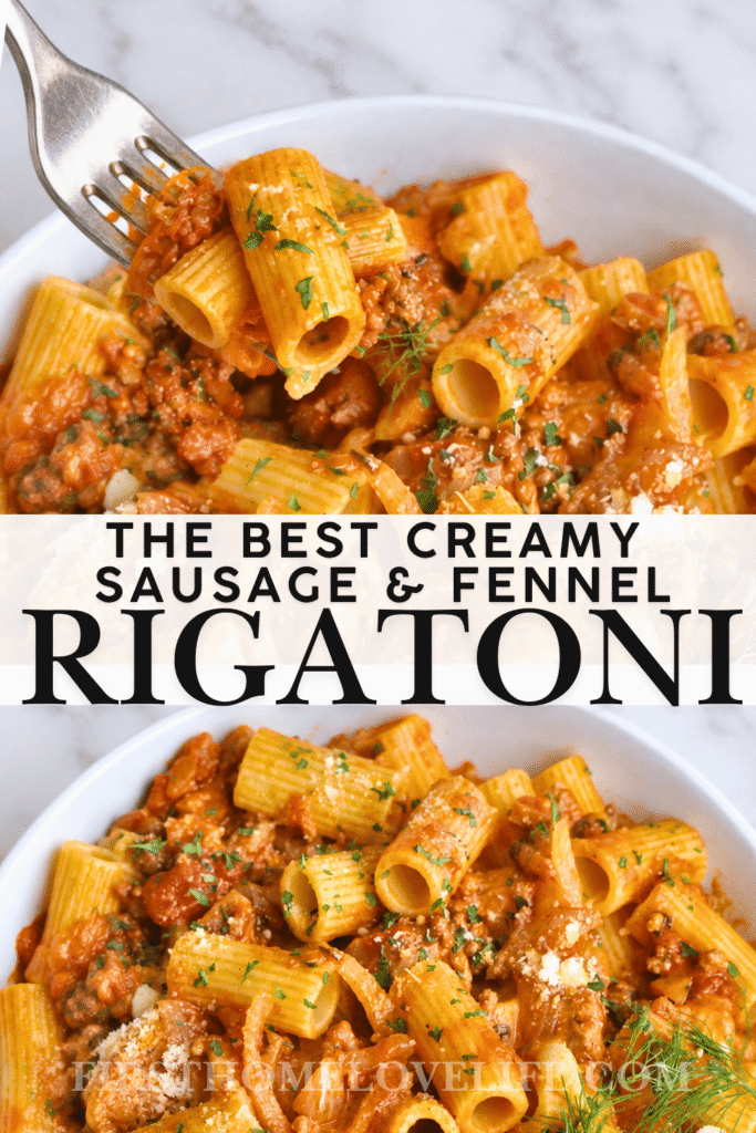Fork lifting a bite of creamy Italian sausage rigatoni with fennel from a white bowl in a rich tomato cream sauce.