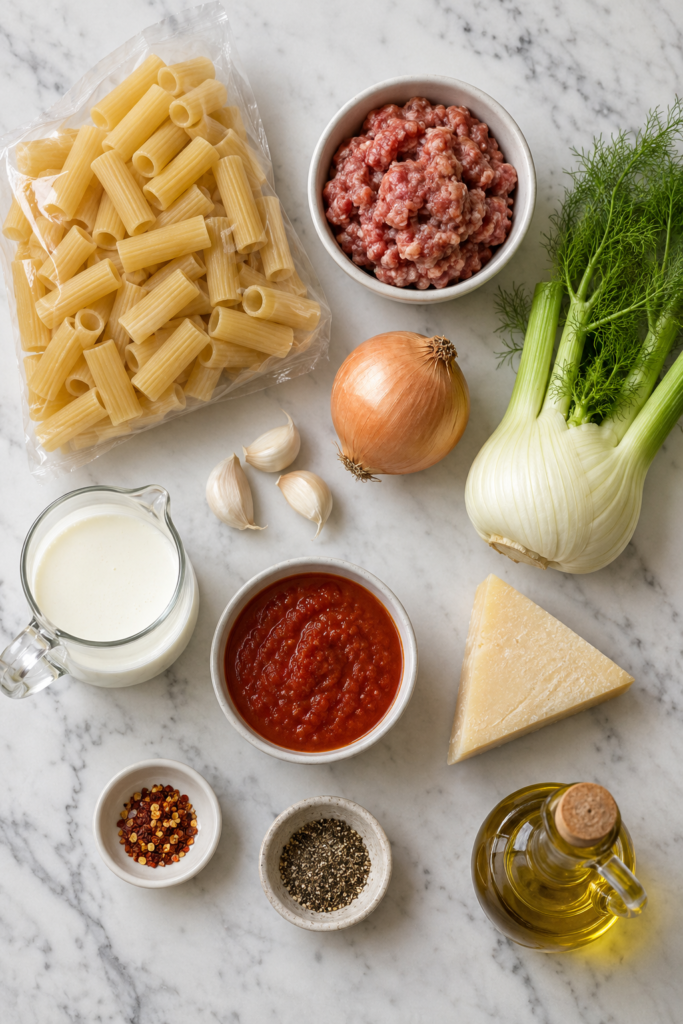 Flat lay of ingredients for creamy Italian sausage rigatoni with fresh fennel, rigatoni pasta, ground sausage, marinara sauce, cream, garlic, onion, Pecorino Romano, and red pepper flakes.