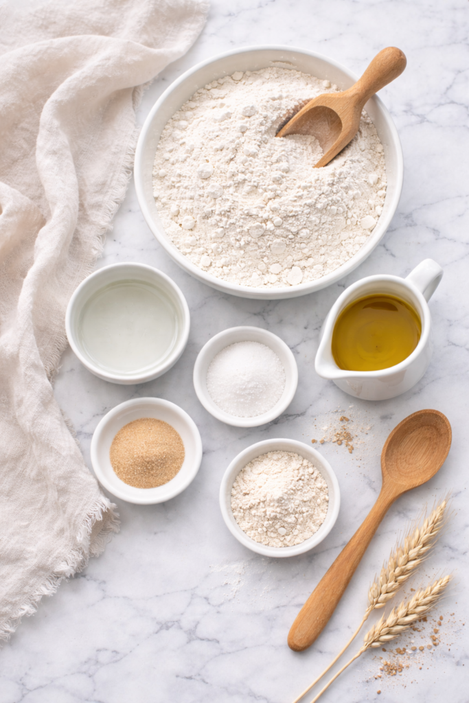 Flat lay of pita bread ingredients including flour, yeast, olive oil, sugar, salt, and water on a marble countertop.