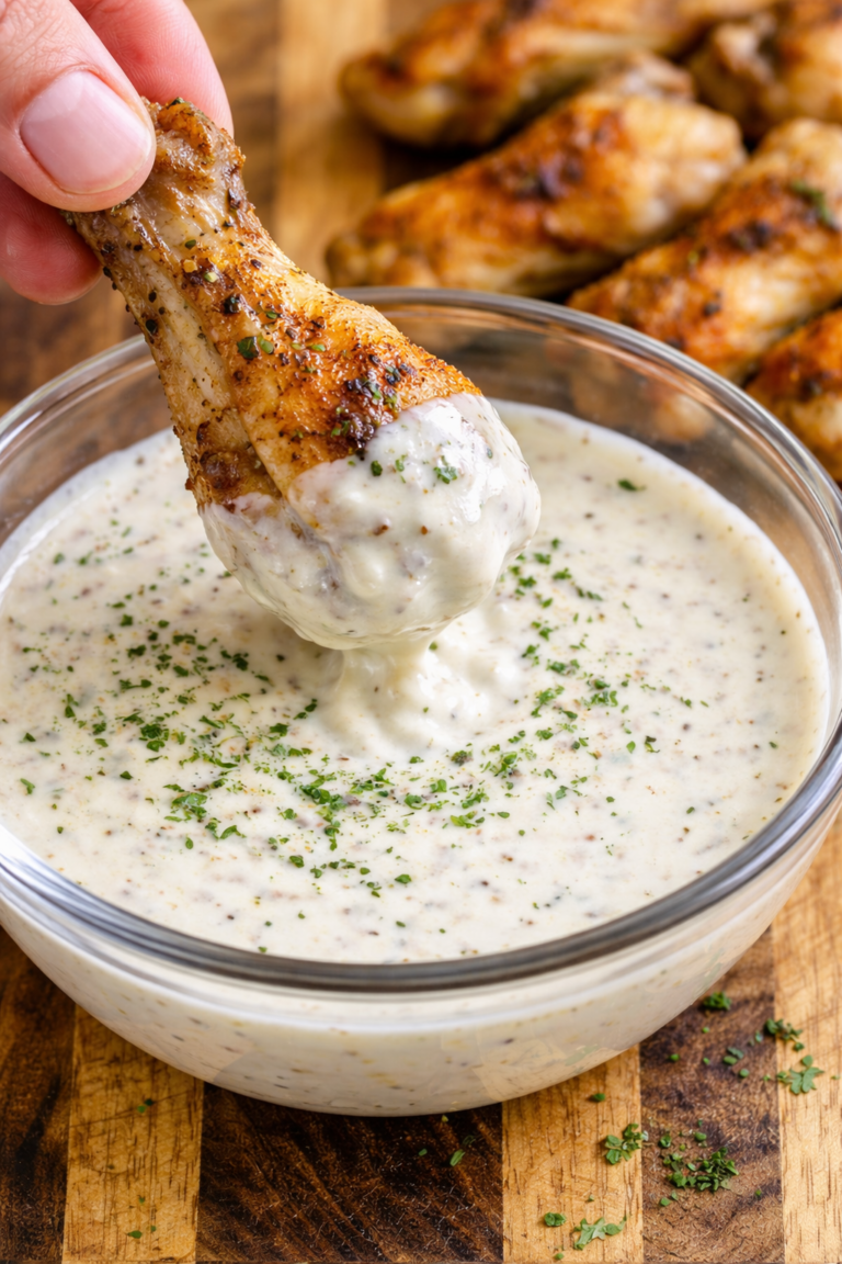 grilled chicken wing dipped into creamy alabama white bbq sauce