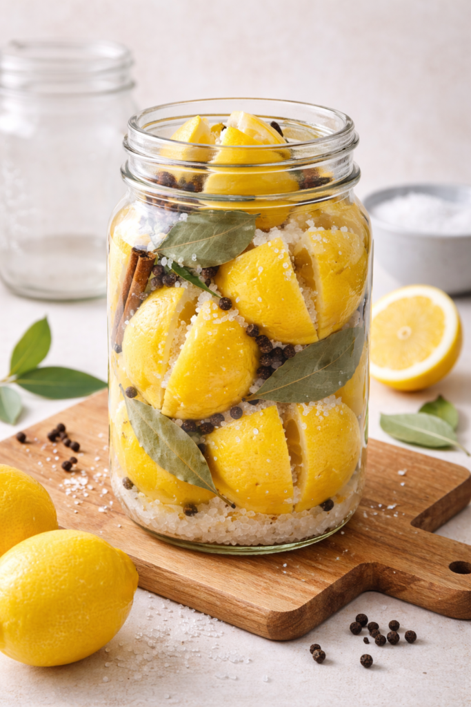 Jar packed with fresh salted lemons, bay leaves, cinnamon sticks, and peppercorns before fermentation