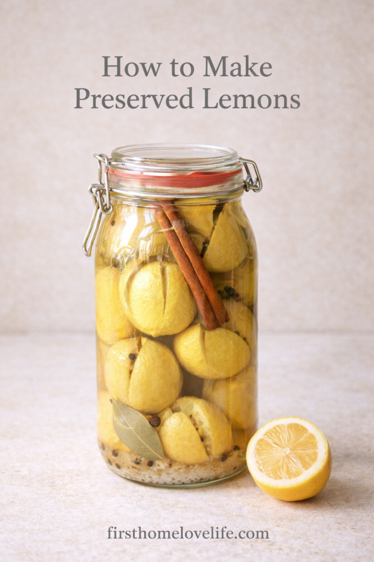 Jar of homemade preserved lemons with cinnamon stick and bay leaf on a neutral background Pinterest graphic