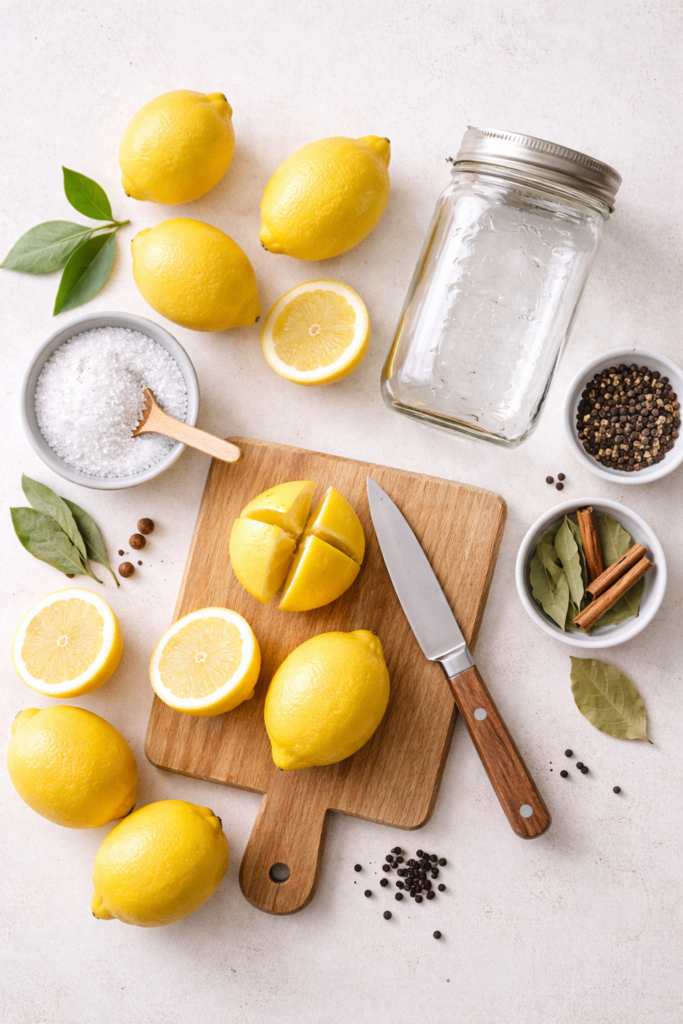 Flat lay of lemons, kosher salt, mason jar, bay leaves, peppercorns, cinnamon sticks, and cutting board for making preserved lemons