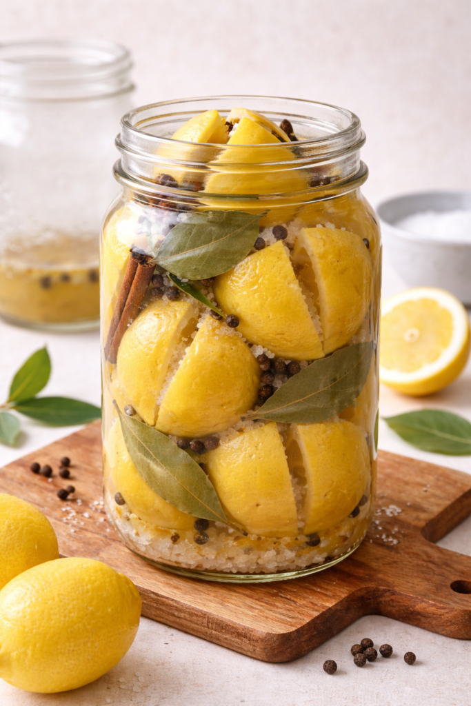 Homemade preserved lemons packed in a mason jar with sea salt, bay leaves, cinnamon sticks, and whole peppercorns on a wooden cutting board.