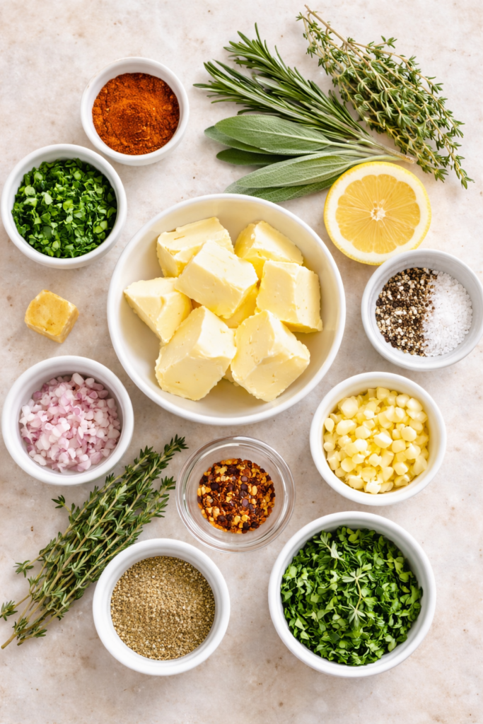 Simple flat lay of fresh ingredients for homemade herb compound butter with butter, rosemary, thyme, parsley, garlic, and lemon.