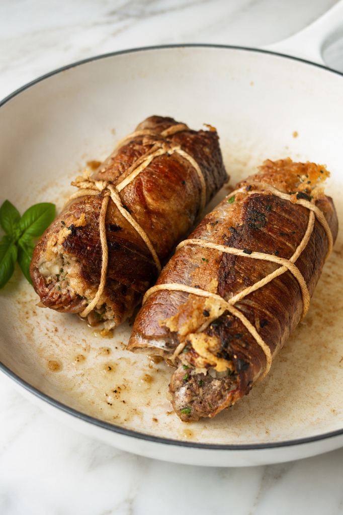 Browned Italian braciole beef rolls tied with kitchen twine in a white enamel pan before simmering in tomato sauce.
