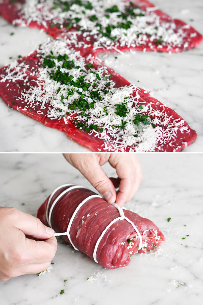 Step-by-step collage showing thin beef steak filled with Parmesan, breadcrumbs, and parsley, then rolled and tied with kitchen twine for Italian braciole.