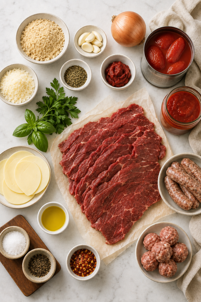 Overhead flat lay of ingredients for Italian braciole, including thin flank steak, breadcrumbs, Parmesan, provolone, fresh herbs, tomatoes, and Italian sausage.