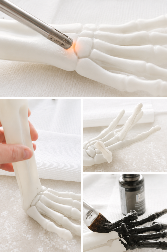 Step-by-step collage showing how to heat, bend, and paint Dollar Tree skeleton hands for Halloween wall decor.