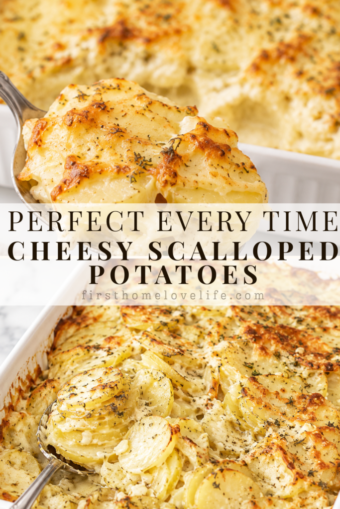 A spoon lifts creamy cheesy scalloped potatoes from a white rectangular baking dish filled with golden baked potatoes on a marble countertop.