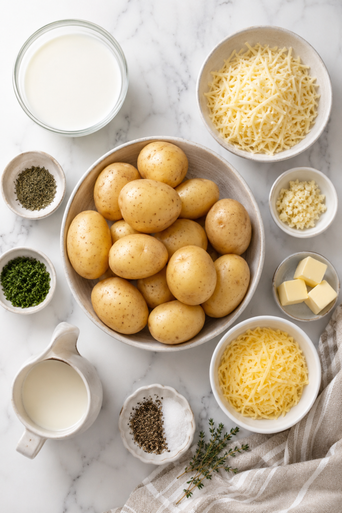 Flat lay of ingredients for cheesy scalloped potatoes including Yukon Gold potatoes, heavy cream, whole milk, shredded Gruyère and cheddar cheese, butter, garlic, thyme, parsley, salt, and black pepper on a white marble countertop.