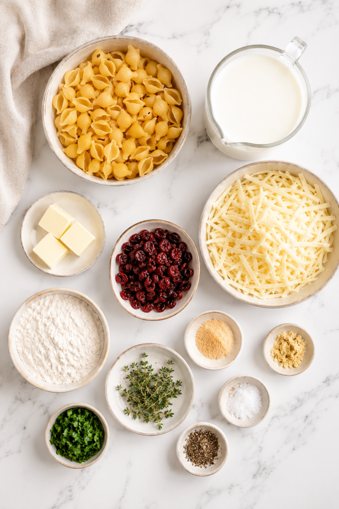 Flat lay of ingredients for white cheddar cranberry mac and cheese including pasta shells, white cheddar cheese, dried cranberries, milk, butter, flour, fresh herbs, and seasonings on a white marble countertop.