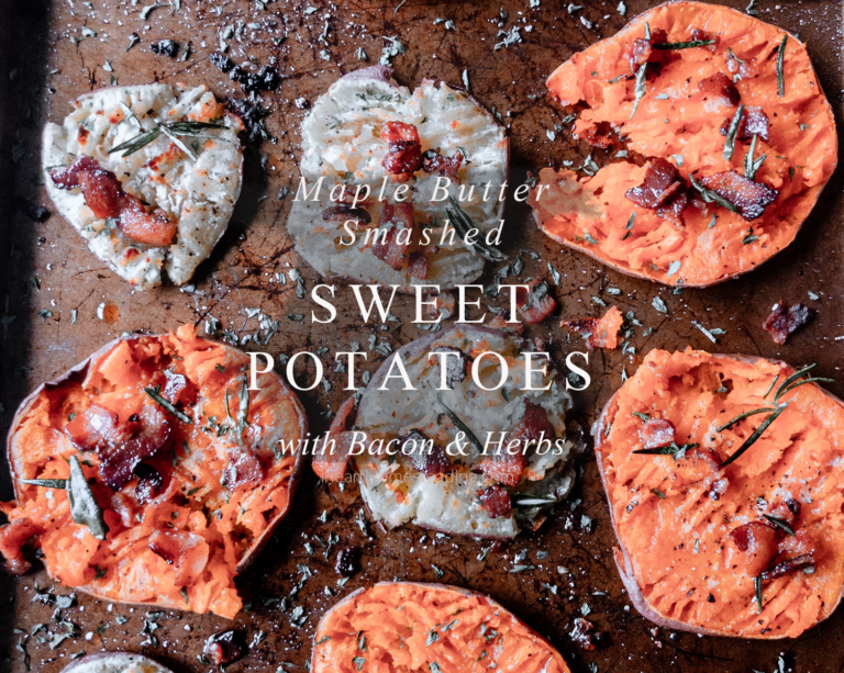 Maple butter smashed sweet potatoes with bacon and herbs recipe. Perfect Thanksgiving side dish!