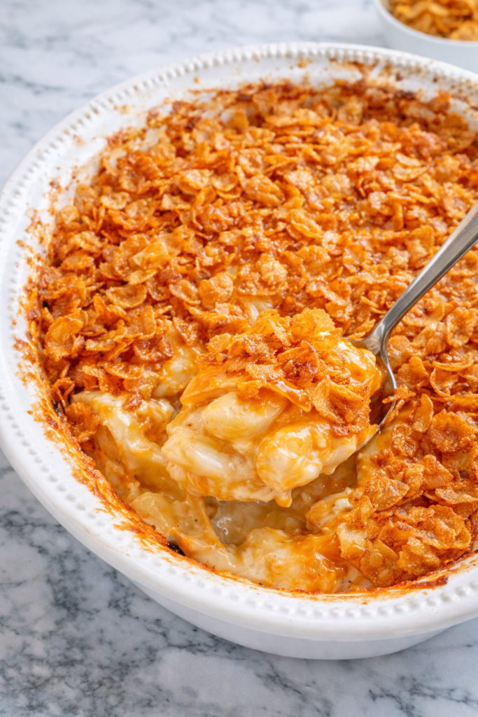 easy cheesy cornflake potato casserole with crispy topping and creamy potatoes in white dish on marble counter with spoon