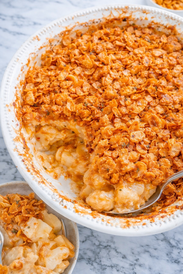 cheesy cornflake potato casserole with creamy hashbrowns and crispy topping in white baking dish on marble counter with serving spoon