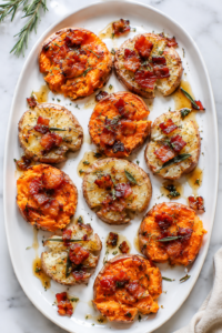 Crispy smashed sweet potatoes topped with bacon, fresh rosemary, sage, and a buttery maple glaze on a white platter over a marble countertop.