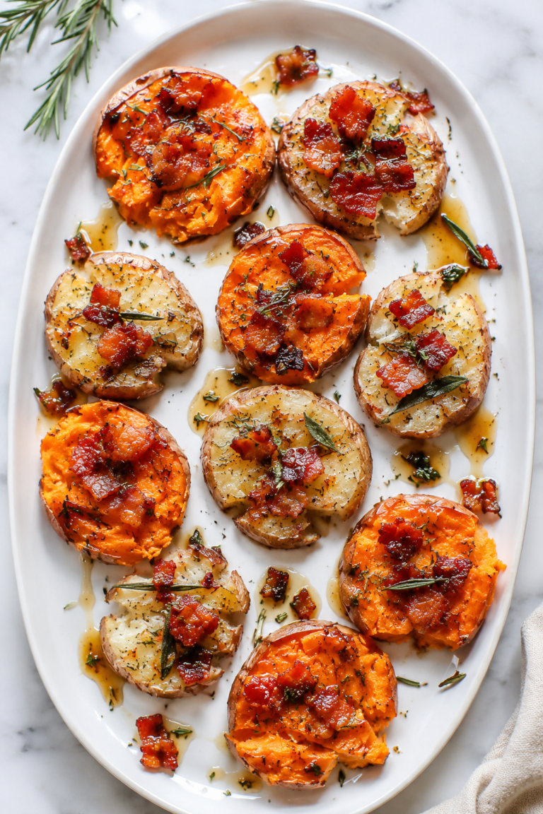 Crispy smashed sweet potatoes topped with bacon, fresh rosemary, sage, and a buttery maple glaze on a white platter over a marble countertop.