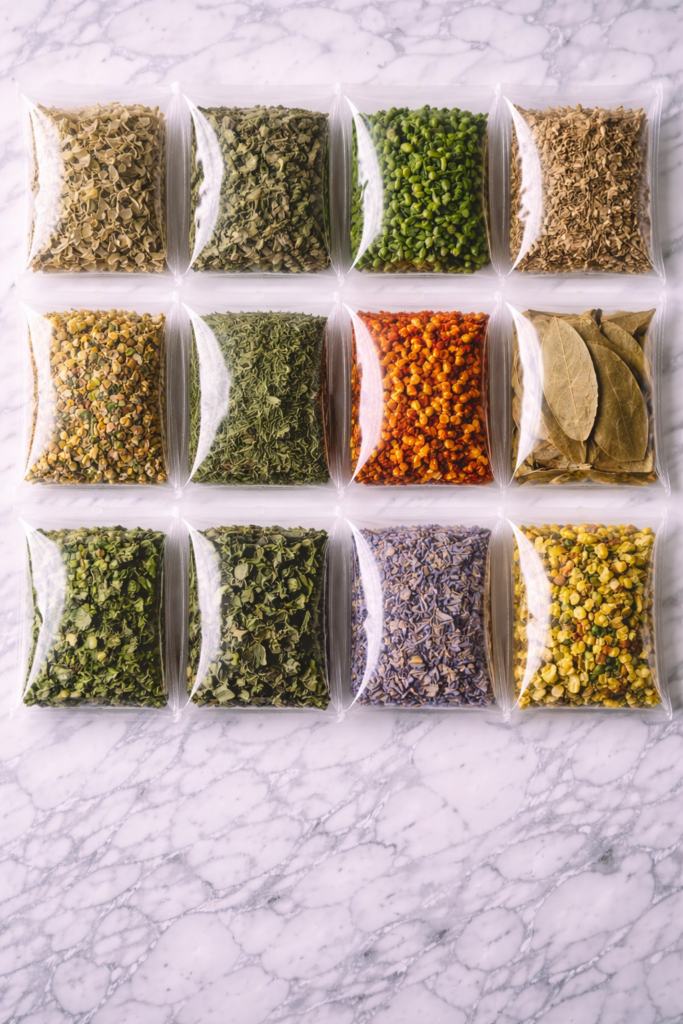 Vertical flat lay of vacuum-sealed bags filled with dehydrated herbs including basil, oregano, thyme, parsley, rosemary, dill, bay leaves, and mixed herb blends on a white marble background.