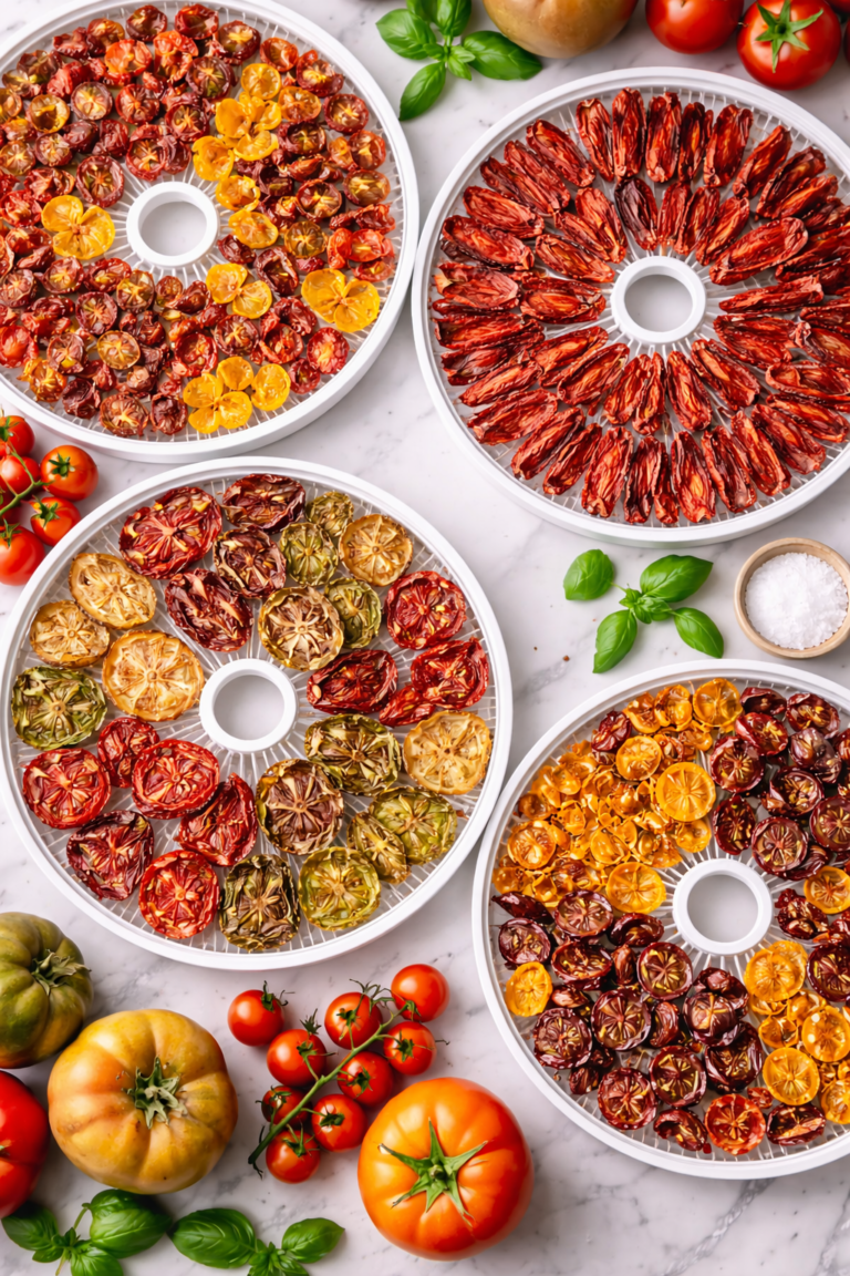Overhead view of different colored and shaped dehydrated tomatoes arranged on round dehydrator trays, including cherry, heirloom, and Roma tomatoes.