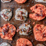 Maple butter smashed sweet potatoes with bacon and herbs recipe. Perfect Thanksgiving side dish!
