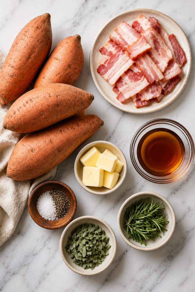 Flat lay of sweet potatoes, bacon, maple syrup, butter, rosemary, sage, salt, and pepper on a marble countertop.